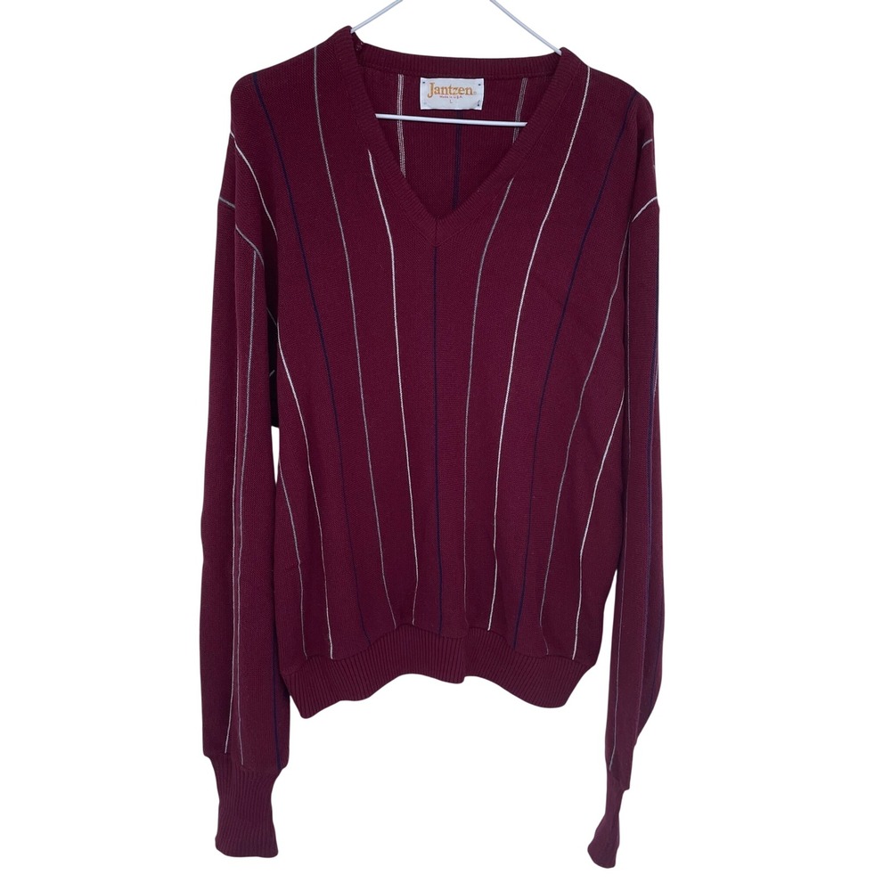 Vintage 90s Jantzen Mens Burgundy Striped V Neck Sweater Large Long Sleeve‎ Vtg